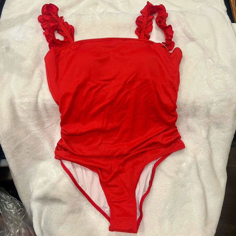 Tummy Control Square Neck Red Ribbed Swimsuit Adjustable ruffle strap ❤️ - Picture 2 of 9